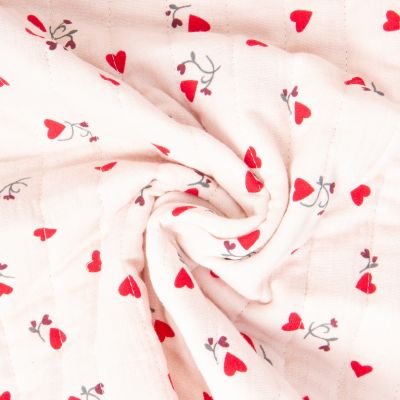 Tissu Matelassé Double gaze coeurs envers Coton rayé sur fond Ecru - Par 10 cm