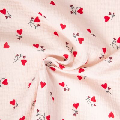 Tissu Double gaze de Coton Ilove coeurs rouges sur fond Rose pâle - Par 10 cm