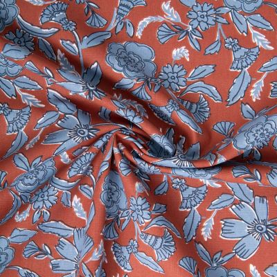 Tissu Coton imprimé Arty Jaeli floral bleu sur fond Marron - Par 10 cm