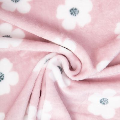 Tissu Doudou imprimé grandes fleurs Blanc sur fond Rose poudré - Par 10 cm