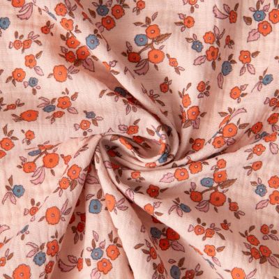 Tissu Double gaze de Coton Fleuris June sur fond Pêche - Par 10 cm