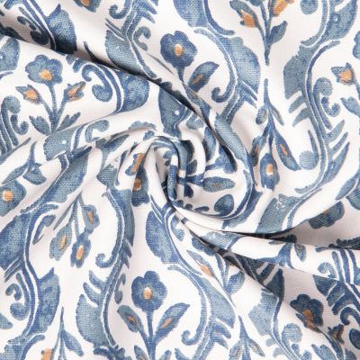 Tissu Toile de Coton Demi natté Kandla floral bleu sur fond Ecru - Par 10 cm