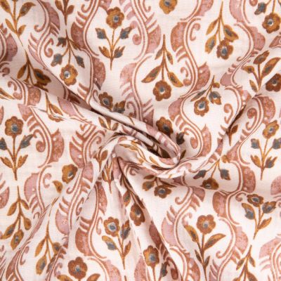 Tissu Double gaze de Coton Kandla floral camel sur fond Rose pâle - Par 10 cm