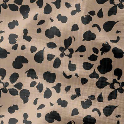 Tissu Double gaze Coton Karakulac pétales vert gris sur fond Beige - Par 10 cm