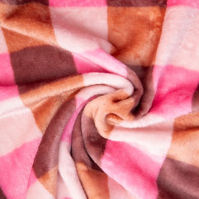 Tissu Doudou imprimé carreaux Camel, Ecru et Brun sur fond Rose - Par 10 cm