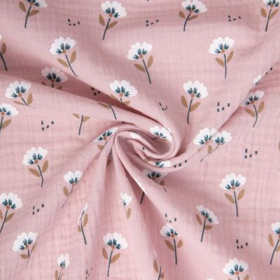 Tissu Double gaze de Coton Kocha fleuris sur fond Rose - Par 10 cm