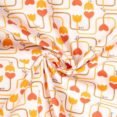 Tissu Coton imprimé Arty Kristie écru et orange sur fond Ecru - Par 10 cm