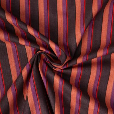 Tissu Toile de Coton Demi natté Kudi rayé sur fond Marron chocolat - Par 10 cm