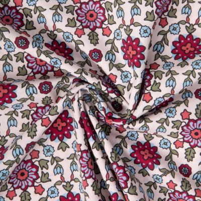 Tissu Coton imprimé Arty Kumba fleuris bordeaux sur fond Rose pâle - Par 10 cm