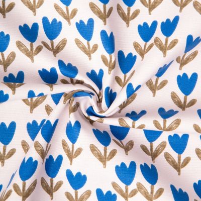 Tissu Toile de Coton Demi natté Latulipe bleu sur fond Blanc cassé - Par 10 cm