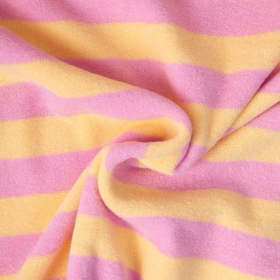 Tissu Jersey Eponge rayures Jaune beurre sur fond Rose bonbon - Par 10 cm
