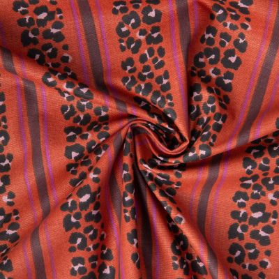 Tissu Toile de Coton Demi natté Leoli Léo rayé sur fond Terracotta - Par 10 cm