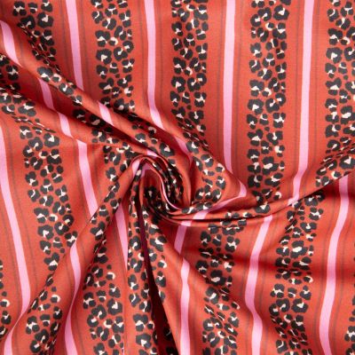 Tissu Coton Enduit Leoli Léo rayé sur fond Terracotta - Par 10 cm