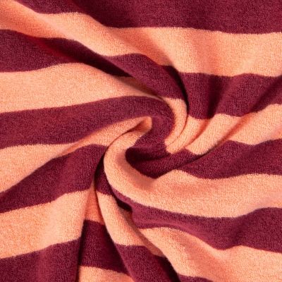 Tissu Jersey Eponge rayures Pêche sur fond Bordeaux - Par 10 cm