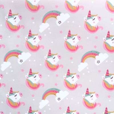 Coupon Tissu Imperméable déperlant Lilyane Licorne sur fond Bleu gris - Coupon de 50 cm