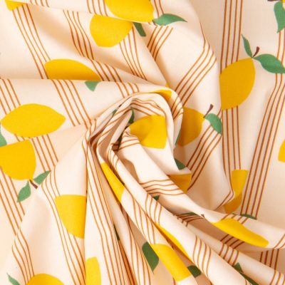 Tissu Coton enduit Citrons jaunes et rayures sur fond Ecru - Par 10 cm