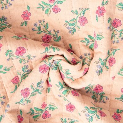 Tissu Matelassé Double gaze de Coton fleuris réversible rayé sur fond Beige - Par 10 cm
