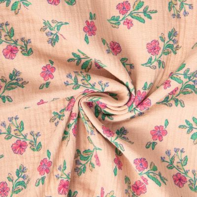 Tissu Double gaze de Coton Lina fleuris vert et rose sur fond Beige - Par 10 cm