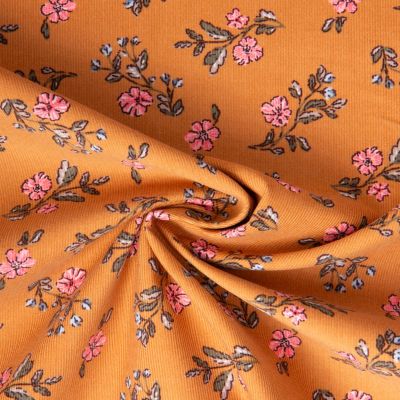 Tissu Velours milleraies imprimé Lina fleuris sur fond Ocre - Par 10 cm