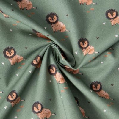 Tissu Coton imprimé Lioven Petit lion sur fond Vert foncé - Par Coupon de 3m