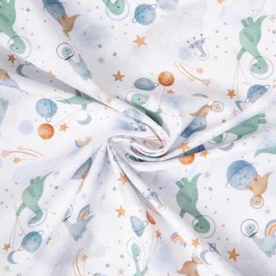 Tissu Coton imprimé digital Arty Ludidi dino dans l&#039;espace sur fond Blanc - Par 10 cm