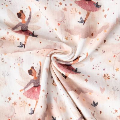 Tissu Double gaze de Coton digital Fées Ludmi sur fond Rose pâle - Par 10 cm