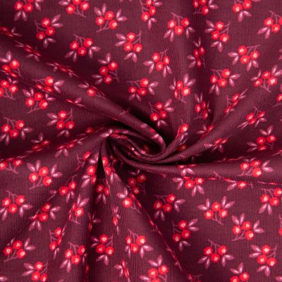 Tissu Velours milleraies imprimé Macia fleuris sur fond Framboise - Par 10 cm