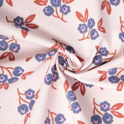 Tissu Toile de Coton Demi natté Macia fleuris bleu et caramel sur fond Rose pastel - Par 10 cm