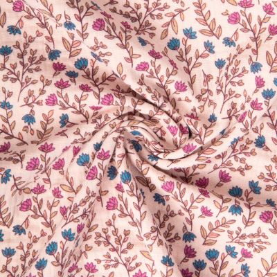 Tissu Double gaze de Coton Madeleine fleuris Rose et bleu sur fond Rose clair - Par 10 cm