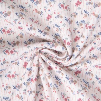 Tissu Double gaze de Coton Marthe fleuris rayé sur fond Blanc cassé - Par 10 cm