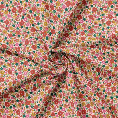 Tissu Popeline de Coton imprimé Mizet fleuris rouge sur fond Ecru - Par 10 cm
