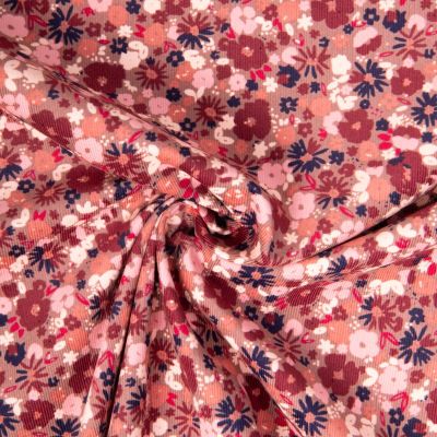 Tissu Velours milleraies imprimé Mizet fleuris rose sur fond Vieux rose - Par 10 cm