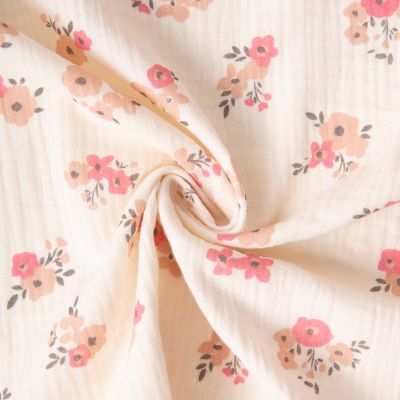 Tissu Double gaze de Coton Fleuris Molisa sur fond Ecru - Par 10 cm