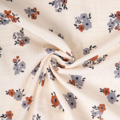 Tissu Double gaze de Coton Molisa fleuris sur fond Ecru - Par 10 cm