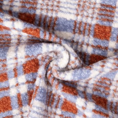 Tissu Bouclette Curly imprimé carreaux Bleu sur fond Ecru - Par 10 cm