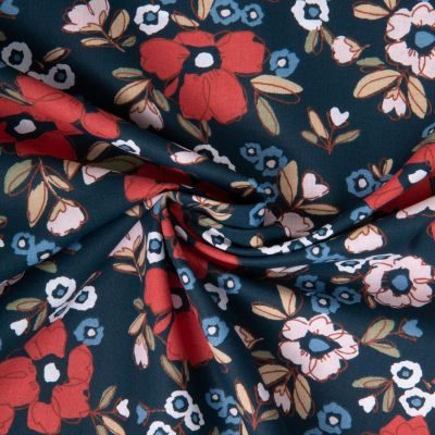 Tissu Coton imprimé Arty Odace rouge et bleu sur fond Bleu marine - Par 10 cm