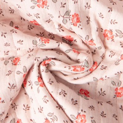 Tissu Double gaze de Coton Matelassé réversible Fleuris Olymp sur fond Pêche - Par 10 cm