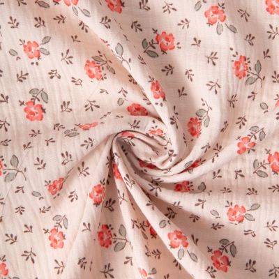 Tissu Double gaze de Coton Fleuris Olymp sur fond Rose clair - Par 10 cm