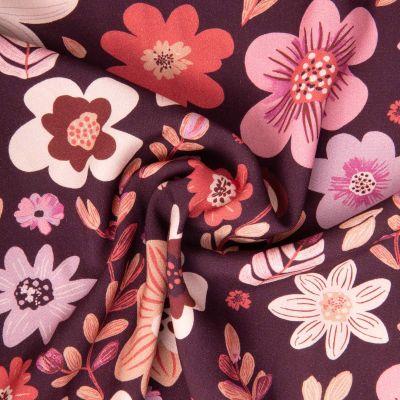Tissu Viscose imprimé Osaya grandes fleurs sur fond Pourpre - Par 10 cm
