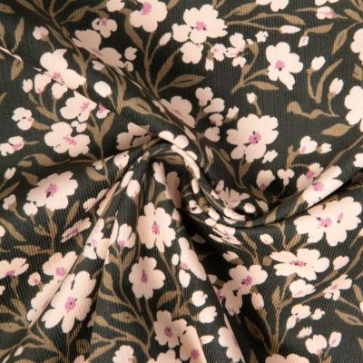 Tissu Velours milleraies imprimé Owala fleuris sur fond Vert foncé - Par 10 cm