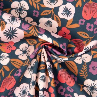 Tissu Coton imprimé Arty Palawa fleuris sur fond Bleu ardoise - Par 10 cm