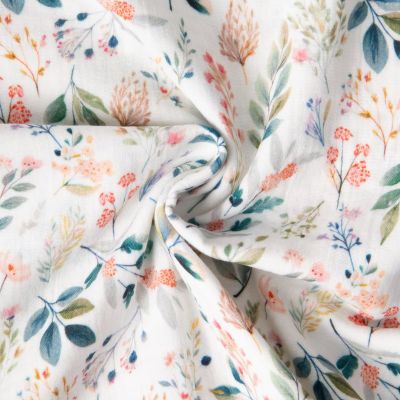 Tissu Double gaze de Coton digital Fleuris Philae sur fond Blanc - Par 10 cm