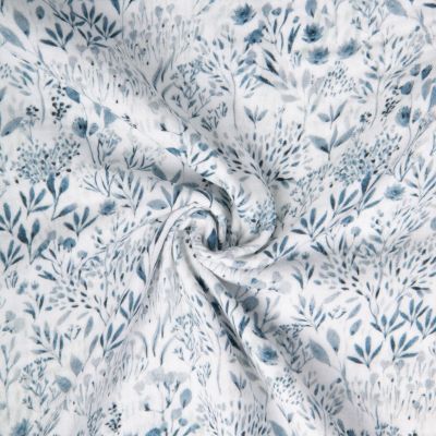 Tissu Double gaze de Coton digital Poacees fleuris bleu sur fond Blanc - Par 10 cm