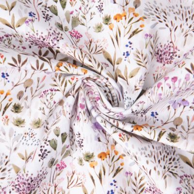 Tissu Coton imprimé digital Arty Poacees fleuris lilas et vert sur fond Blanc - Par 10 cm