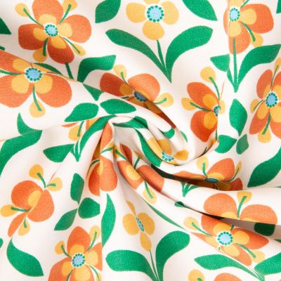 Tissu Toile de Coton Demi natté Popretro Fleuris orange et vert sur fond Ecru - Par 10 cm