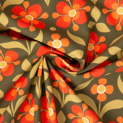 Tissu Coton imprimé Arty Popretro Fleuris orange et vert sur fond Vert foncé - Par 10 cm