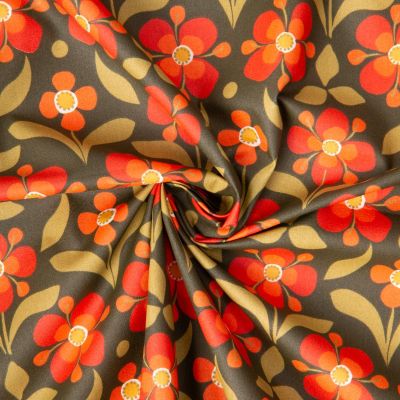 Tissu Coton Enduit Popretro fleur orange sur fond Vert foncé - Par 10 cm