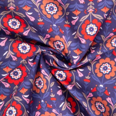 Tissu Coton imprimé Arty Reine fleuris sur fond Bleu - Par 10 cm