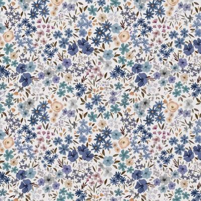 Tissu Coton imprimé digital Arty Romane fleuris bleu sur fond Blanc - Par 10 cm