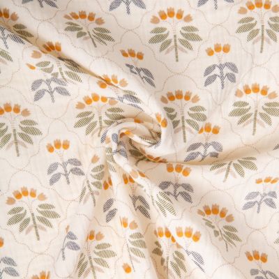 Tissu Double gaze de Coton Sevigne fleuris vert et orange sur fond Ecru - Par 10 cm